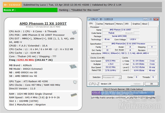 Phenom II X6 1090T六核心猛超6.29GHz